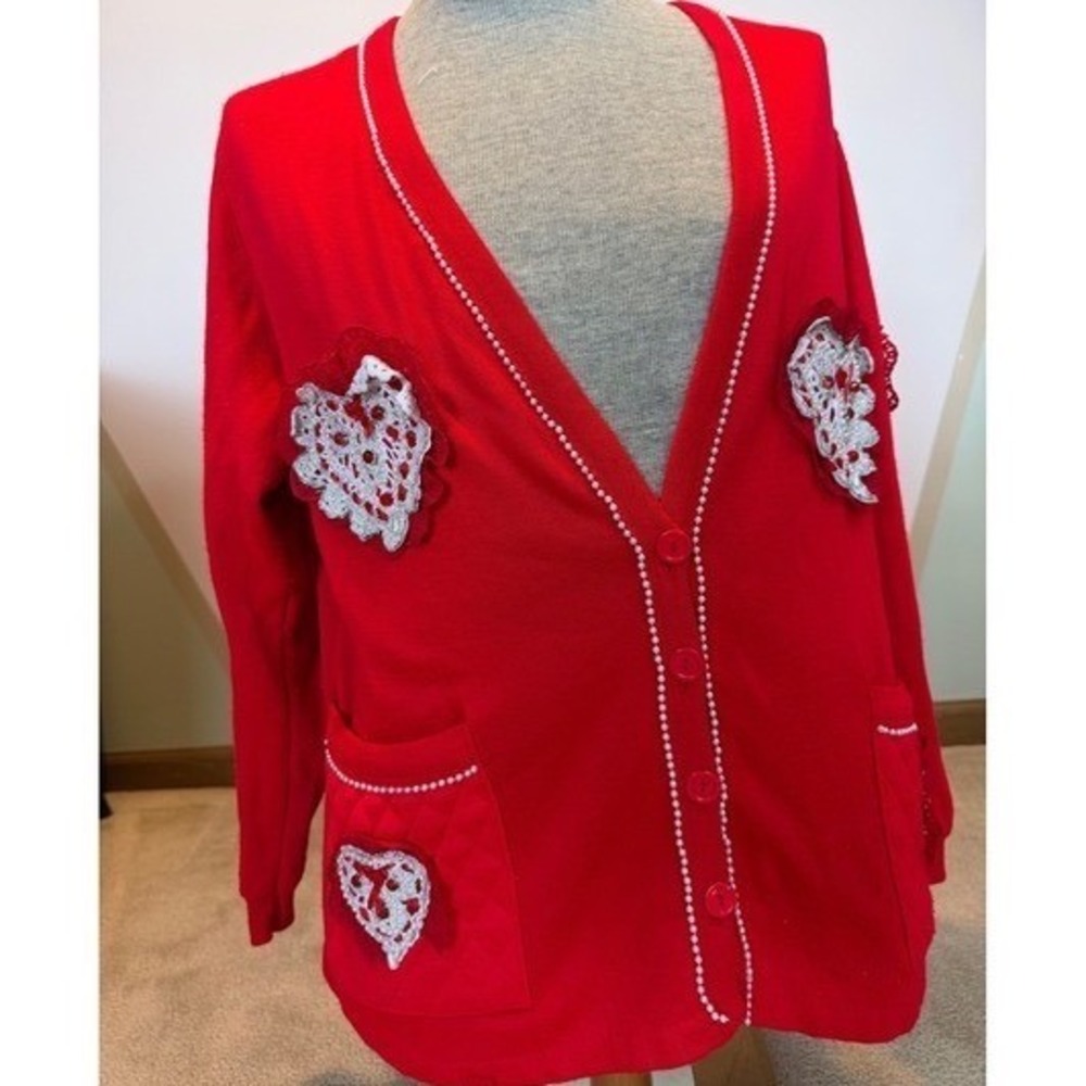 Vintage Red Heart Embellished Cardigan Sweater Cotton Beaded Button Up L